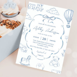 Toile De Jouy Blue Bow Baby Shower Party Kaart