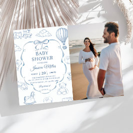 Toile De Jouy Blue Bow Baby Shower Party Photo Kaart