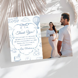 Toile De Jouy Blue Bow Baby Shower Thank You Card Kaart