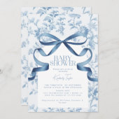 Toile de Jouy Blue Bow Baby shower Uitnodiging (Voorkant / Achterkant)