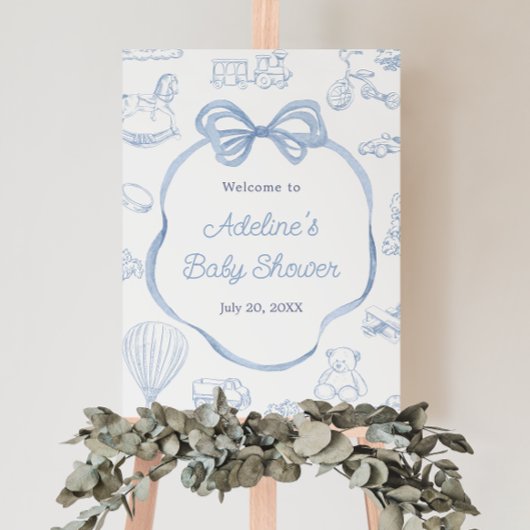 Toile de Jouy Blue Bow Baby shower Welkomstbord Poster
