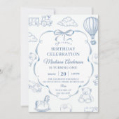 Toile De Jouy Blue Bow Birthday Party  Kaart (Voorkant)