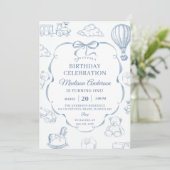 Toile De Jouy Blue Bow Birthday Party  Kaart (Staand voorkant)