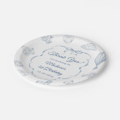 Toile De Jouy Blue Bow Birthday Party Papieren Bordje (Gekanteld)