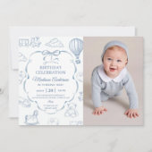 Toile De Jouy Blue Bow Birthday Party Photo Kaart (Voorkant)