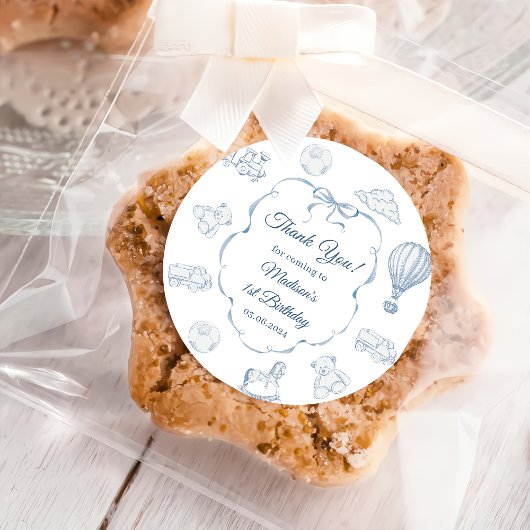 Toile De Jouy Blue Bow Birthday Party  Ronde Sticker