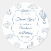 Toile De Jouy Blue Bow Birthday Party  Ronde Sticker (Voorkant)