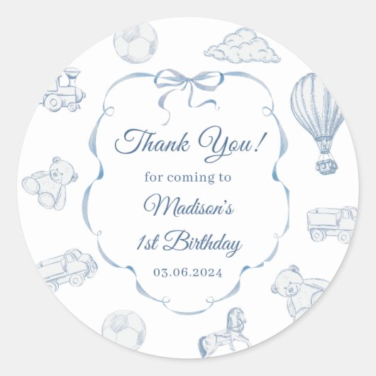 Toile De Jouy Blue Bow Birthday Party  Ronde Sticker (Voorkant)