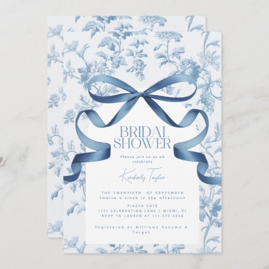 Toile de Jouy Blue Bow Bruids Douche Uitnodiging (Voorkant / Achterkant)
