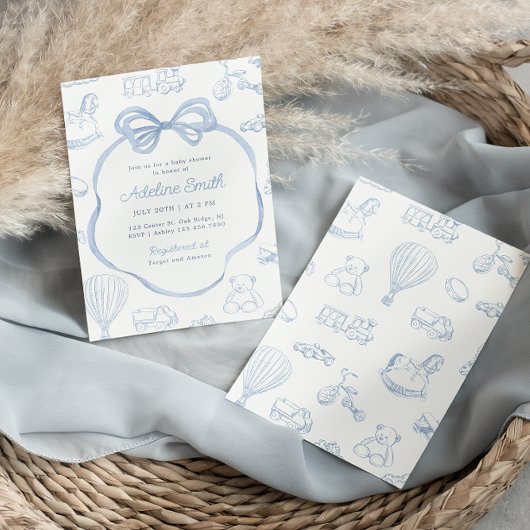 Toile de Jouy Blue Bow Chinoiserie Boy Baby shower Kaart