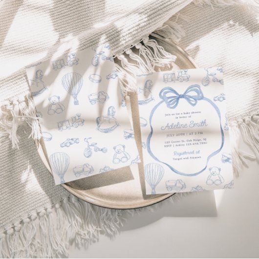 Toile de Jouy Blue Bow Chinoiserie Boy Baby shower Kaart