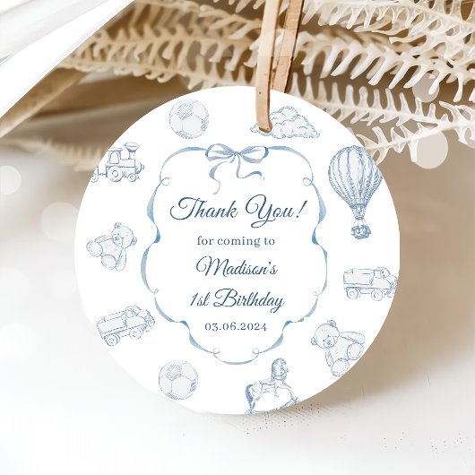 Toile de Jouy Blue Bow verjaardagsfeestje Bedankjes Labels