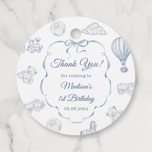 Toile de Jouy Blue Bow verjaardagsfeestje Bedankjes Labels (Achterkant)