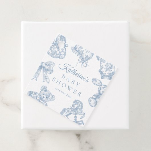 Toile de Jouy Blue Boy Baby shower Bedankjes Labels (In situ)