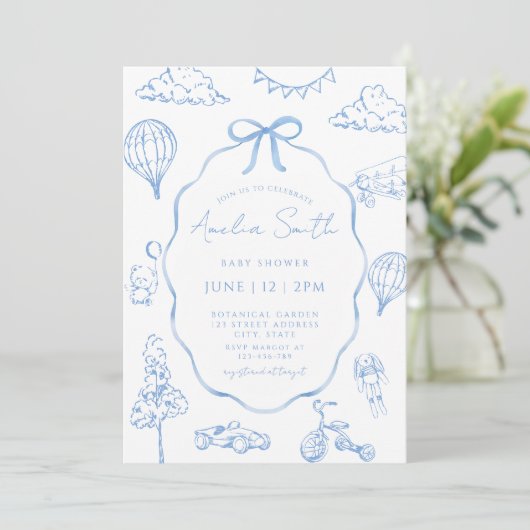 Toile De Jouy Blue Boy Baby shower Kaart (Staand voorkant)