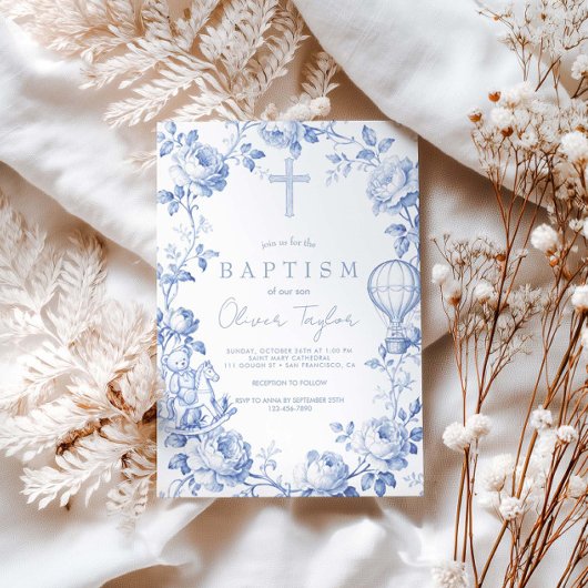 Toile De Jouy Blue  Boy Baptism Kaart