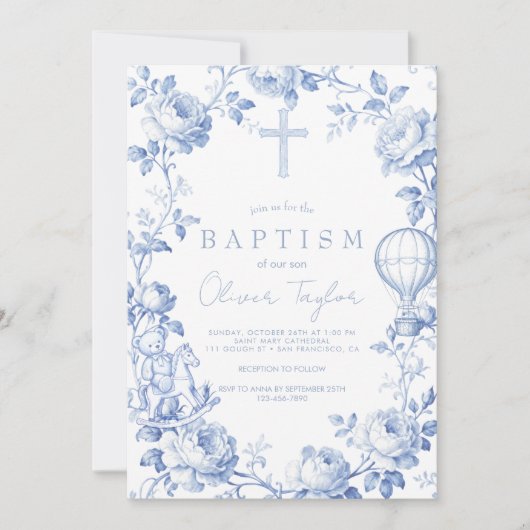 Toile De Jouy Blue  Boy Baptism Kaart (Voorkant)