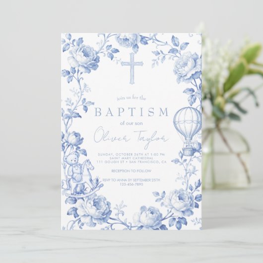 Toile De Jouy Blue Boy Baptism Kaart (Staand voorkant)