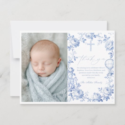 Toile De Jouy Blue Boy Baptism Thank You Card Bedankkaart (Voorkant)