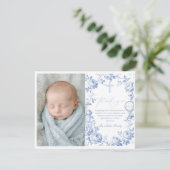 Toile De Jouy Blue Boy Baptism Thank You Card Bedankkaart (Staand voorkant)