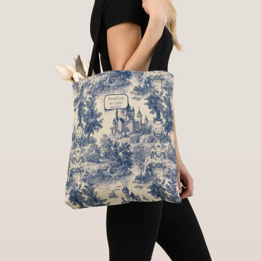 Toile de Jouy Blue Castle op oud ivoor Tote Bag (Dichtbij)