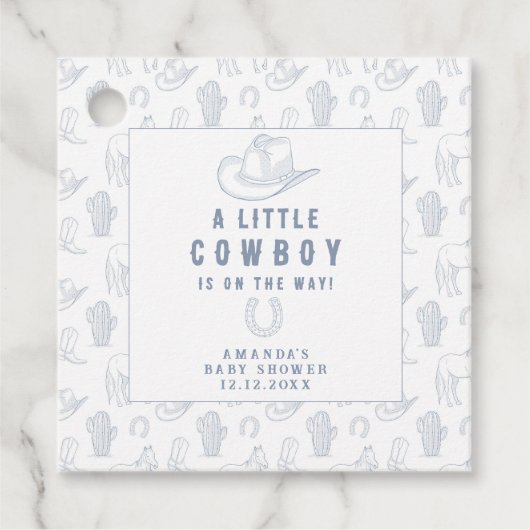 Toile de Jouy Blue Cowboy Western Baby shower Bedankjes Labels (Voorkant)