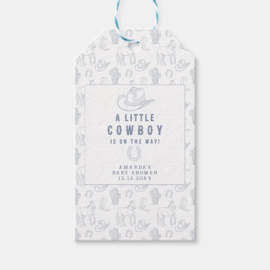 Toile de Jouy Blue Cowboy Western Baby shower Cadeaulabel (Voorkant)