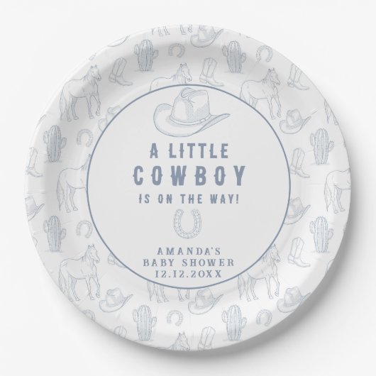 Toile de Jouy Blue Cowboy Western Baby shower Papieren Bordje (Voorkant)