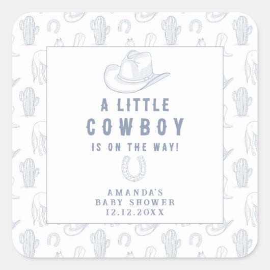 Toile de Jouy Blue Cowboy Western Baby shower Vierkante Sticker (Voorkant)