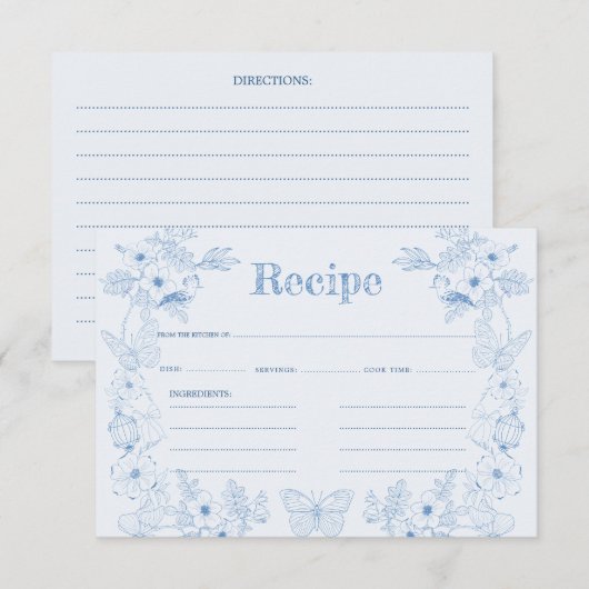 Toile de Jouy Blue Floral Vrijgezellenfeest Recept Informatiekaartje (Voorkant / Achterkant)