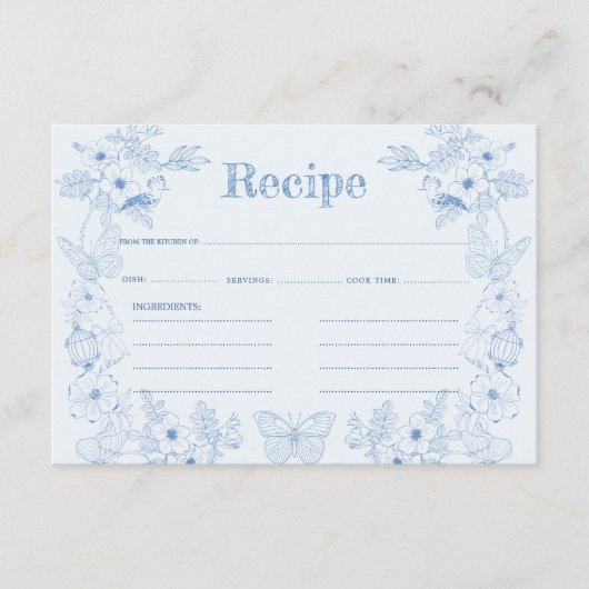 Toile de Jouy Blue Floral Vrijgezellenfeest Recept Informatiekaartje (Voorkant)