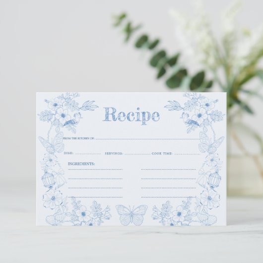Toile de Jouy Blue Floral Vrijgezellenfeest Recept Informatiekaartje (Staand voorkant)