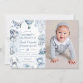 Toile de Jouy Blue verjaardagsfeestje foto Kaart (Voorkant)