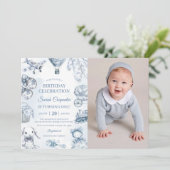 Toile de Jouy Blue verjaardagsfeestje foto Kaart (Staand voorkant)