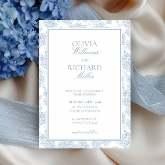Toile de Jouy Blue Wedding Invitation, Kaart