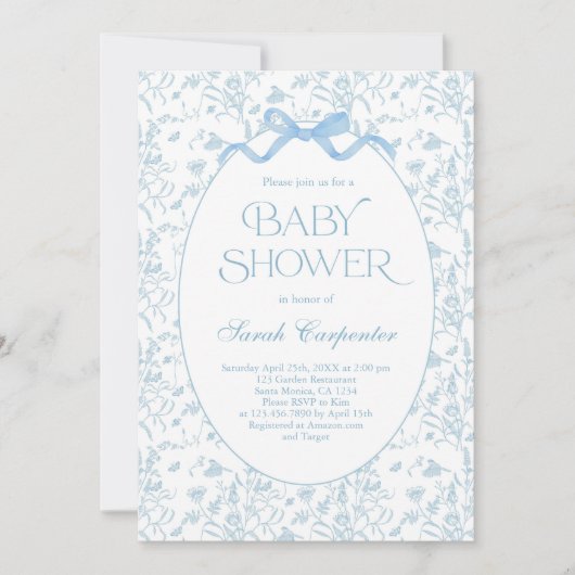 Toile De Jouy Bow Baby shower Jongensuitnodiging Kaart (Voorkant)
