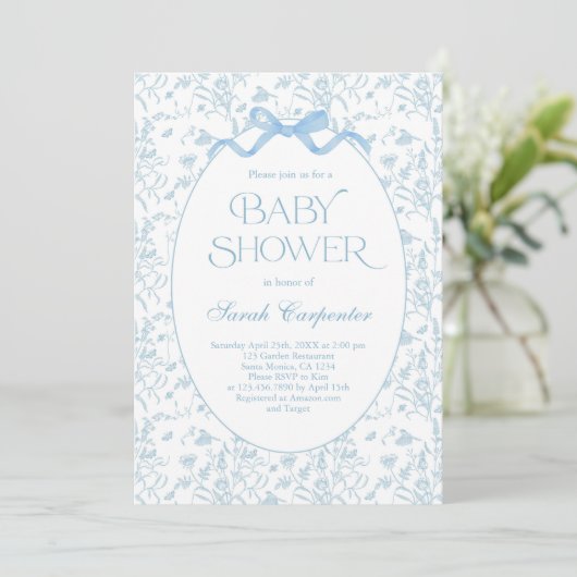 Toile De Jouy Bow Baby shower Jongensuitnodiging Kaart (Staand voorkant)