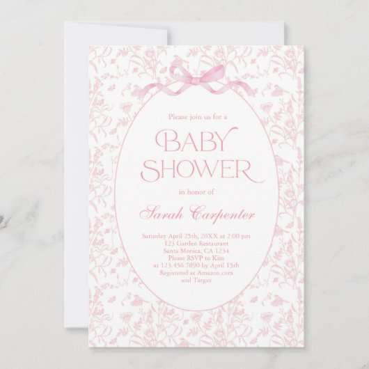 Toile De Jouy Bow Baby shower Meisje Uitnodiging (Voorkant)