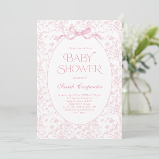 Toile De Jouy Bow Baby shower Meisje Uitnodiging (Staand voorkant)