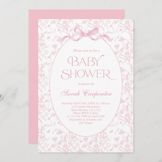 Toile De Jouy Bow Baby shower Meisje Uitnodiging (Voorkant / Achterkant)