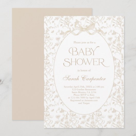 Toile De Jouy Bow Baby shower neutraal Kaart (Voorkant / Achterkant)