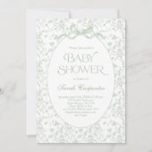 Toile De Jouy Bow Baby shower Sage Uitnodiging (Voorkant)