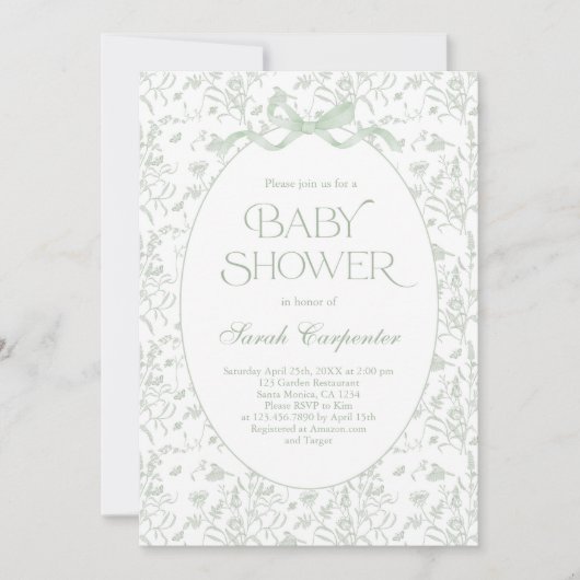 Toile De Jouy Bow Baby shower Sage Uitnodiging (Voorkant)
