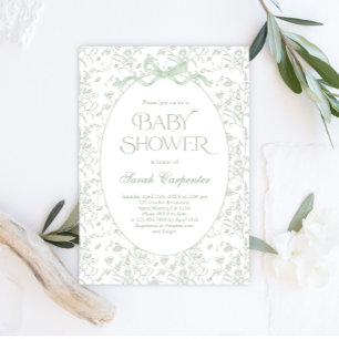 Toile De Jouy Bow Baby shower Sage Uitnodiging
