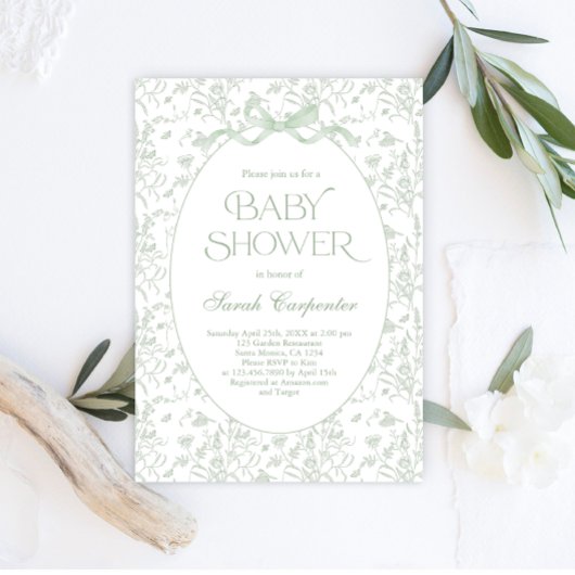 Toile De Jouy Bow Baby shower Sage Uitnodiging