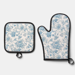 Toile-de-jouy Chinoiserieën Blauw Bloemmotief Ovenwant & Pannenlap Set