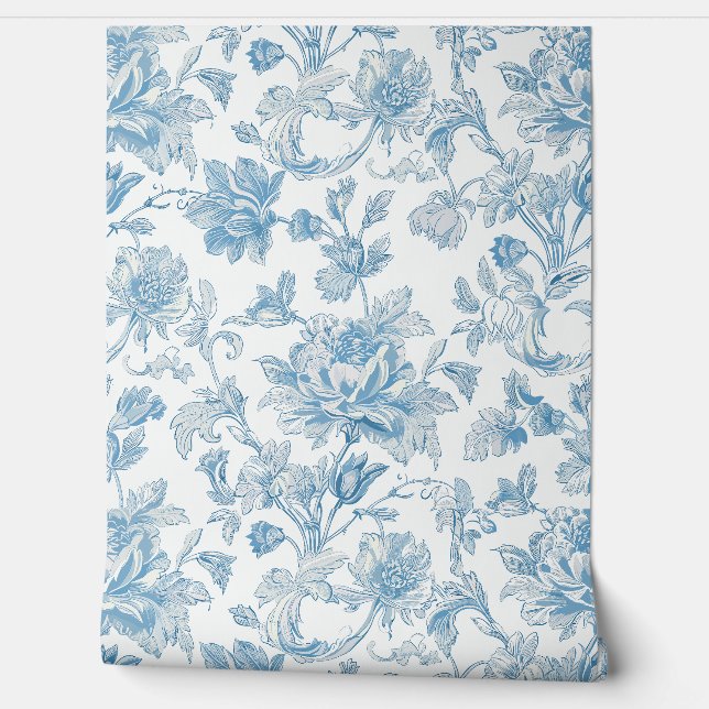 Toile-de-jouy Chinoiseries Blue Floral Pattern Behang (Afrollen)