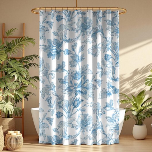 Toile-de-jouy Chinoiseries Blue Floral Pattern Douchegordijn