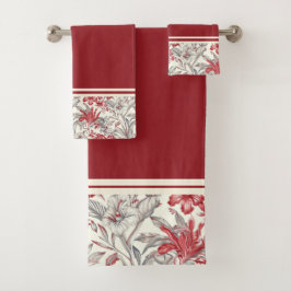 Toile de Jouy Diep Rood en Grijs Bloemlelies Bad Handdoek