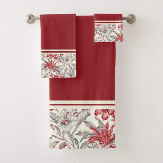 Toile de Jouy Diep Rood en Grijs Bloemlelies Bad Handdoek (Insitu)